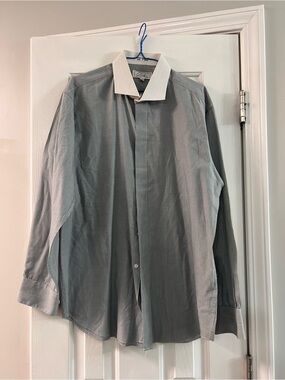 Men's Vintage Gray Pinstripe Dress Shirt with White Contrast Collar